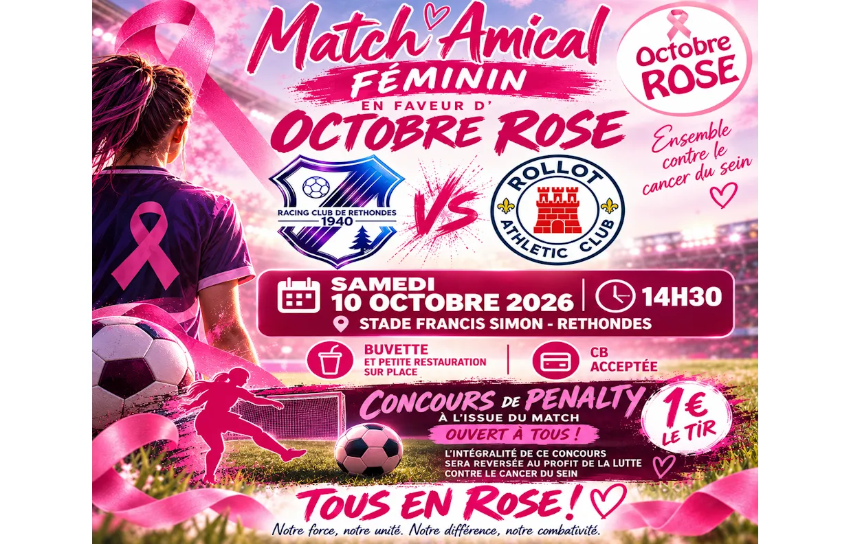Lire la suite de l'actualité Match amical féminin samedi 10 octobre 2026 à 14h30 au Stade de Rethondes